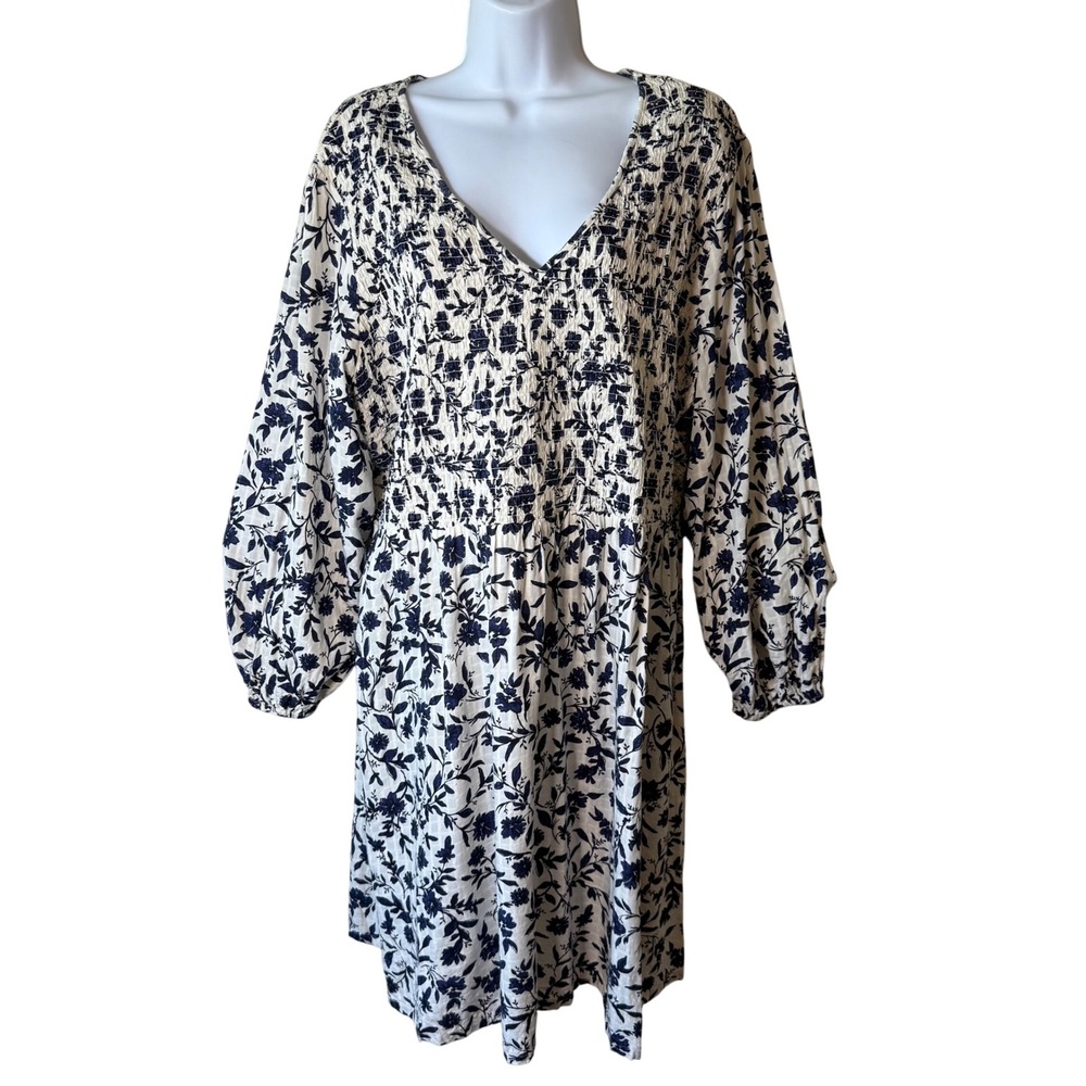 Old Navy Dress XXL Navy Blue Floral Print Smocked V Neck Long Sleeve Boho Casual